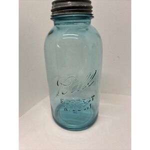 Vintage 1910-1923 Ball Aqua Perfect  Mason Jar Embossed Glass #2 Mold Zinc Lid.‎
